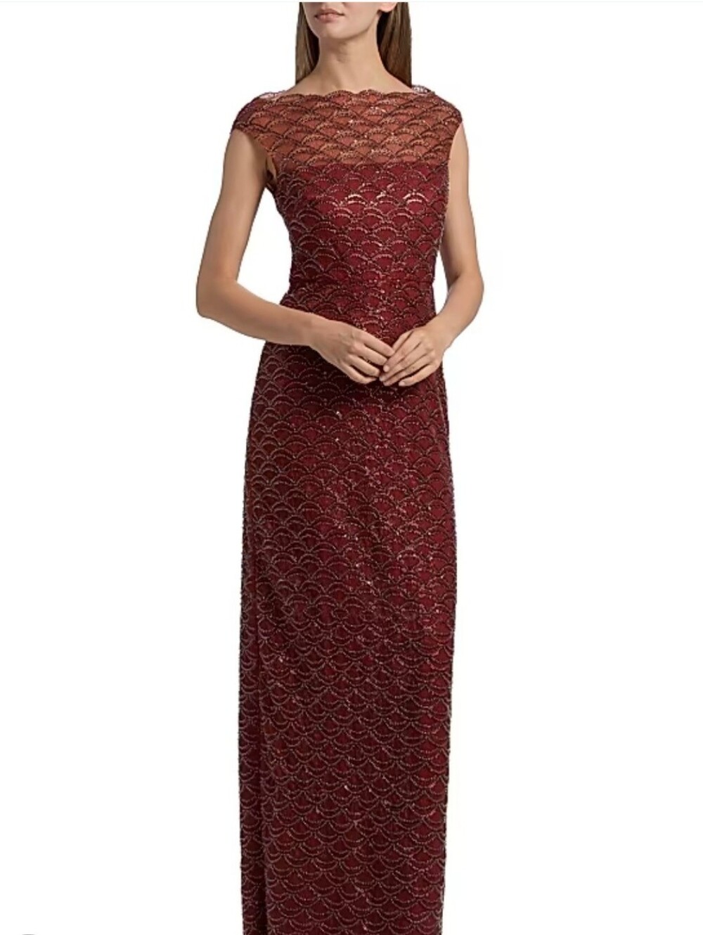 Elegant Burgundy Cap-Sleeve Lace Evening Gown ThEIA SZ8